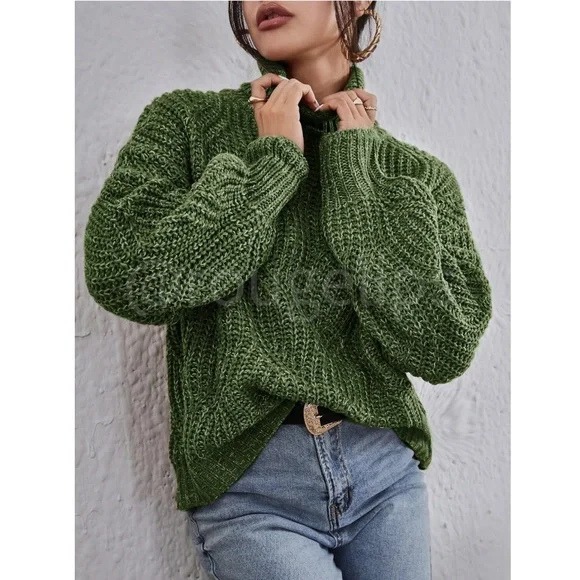 Cable Knit Turtleneck Pullover Sweater Forrest Green - Picture 2 of 10